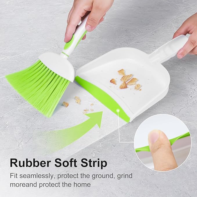 NACENA Small Dust Pan and Brush Set, Mini Broom and Dustpan Set Small Hand Broom and Brush Combo Dust Pan with Teeth for Home Cleaning Drawers Desktop Sofas Pet Care and Outdoor, Green