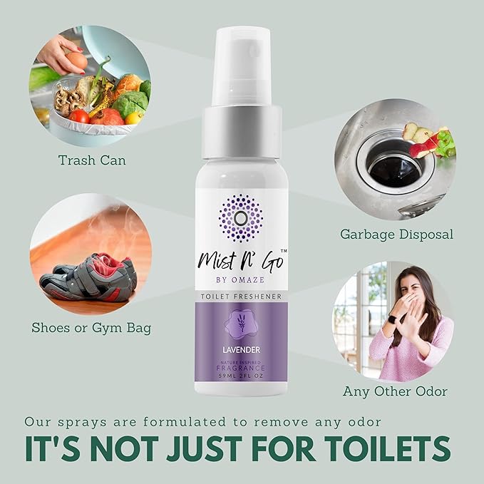 Mist N’ Go by Omaze Travel Bathroom Spray for Toilet Spray Odor Eliminator - Travel Toilet Spray for Bathroom Air Freshener Spray for Bathroom Deodorizer - Lavender Regular Size (2oz x2)