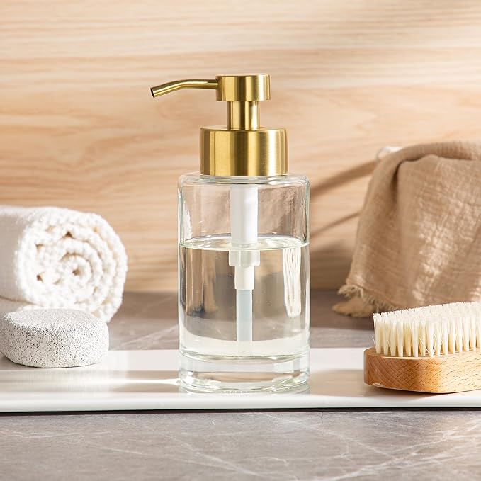 Enra Foam Soap Dispenser,12oz Thick Glass Bathroom Soap Dispenser with Stainless Steel Gold Pump for Bathroom Kitchen(Clear/Gold Poam Type)