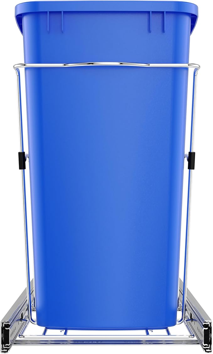 Rev-A-Shelf Pullout Trash Can for Under Kitchen Cabinets 35 Qt Garbage Waste Recyling Bin with Full Extension Slides, Blue, RV-12KD-22C-S