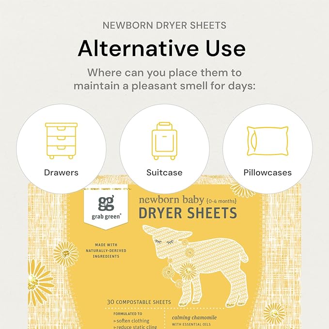 Grab Green Newborn Baby Dryer Sheets, 40 Sheets, Chamomile Scent, Plant and Mineral Based, Compostable, Softens Clothing and Linens, Reduces Static Cling