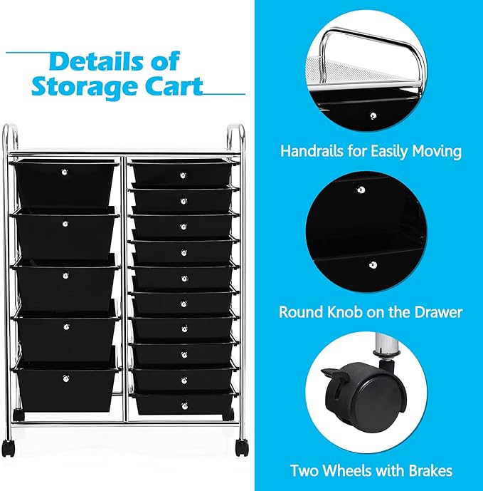 GOFLAME 15-Drawer Rolling Storage Cart, Multipurpose Movable Organizer, Utility Cart for Home, Office, School, Black