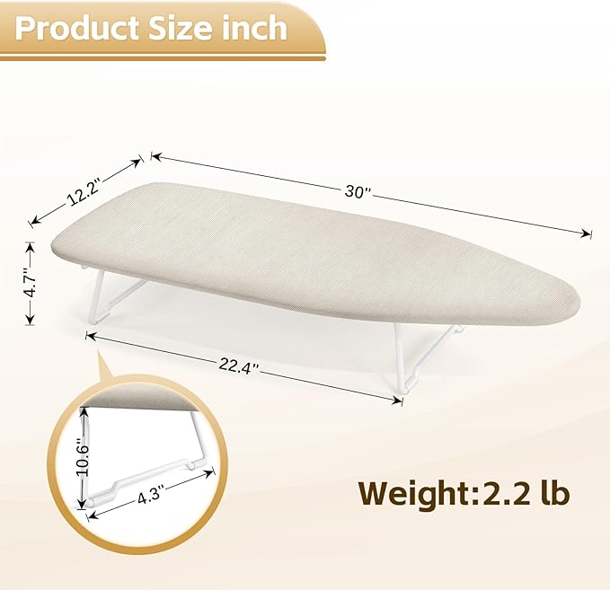 Small Ironing Board Tabletop with Heat Resistant Cover, Compact Mini Ironing Board with Metal mesh Frame, for dorms, aprtment and Travel, Hook for Hanging, Iron Board 30x12, Iron Table Stand Beige