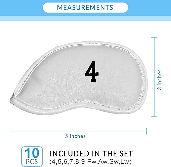 Premium Magnetic Leather Iron and Wedge Golf Club Head Covers | Set of 10 | Fits Most Clubs | Embroidered Club Label on Both Sides of Club Head Cover