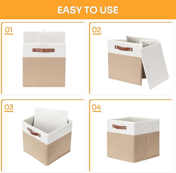 DULLEMELO Cube Storage Bins,12 x 12 x 12 inch Fabric Storage Cubes for Organizing,Collapsible foldable Linen Canvas Closet Storage Bins for Shelves Closet Bedroom Toys Home Office(White&Khaki-4 Pack)