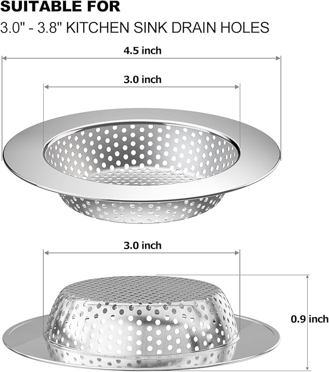 2PCS Kitchen Sink Drain Strainer/Catcher/Basket/Cover/Filter/Trap/Screen, Large Wide Rim 4.5" Diameter, Stainless Steel, Dishwasher Safe