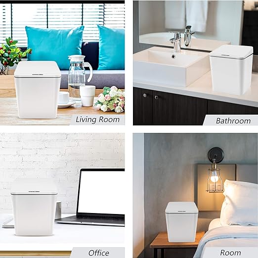 Automatic Small Countertop Trash Can with Lid, 1.5 Gal/6L Toucheless Mini Waste Bin for Office Desk/Bedside Table/Coffee Bar -Batteries, White