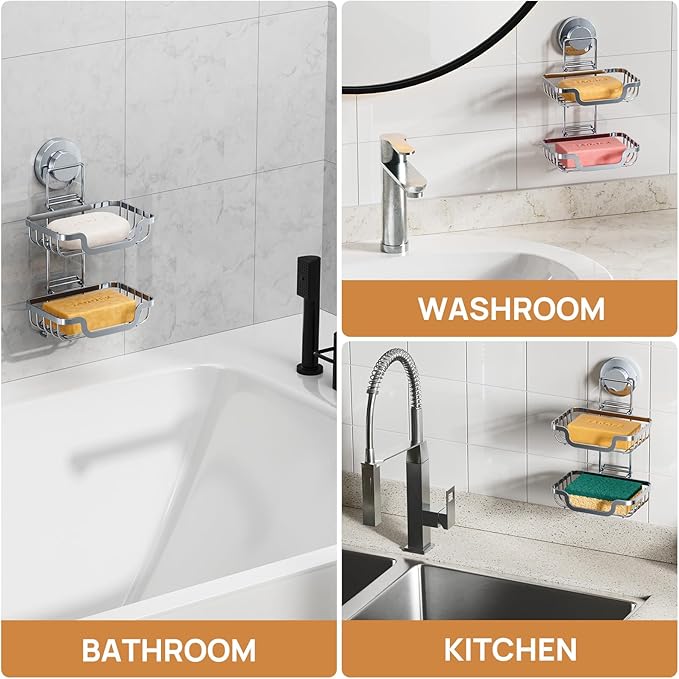 LEVERLOC 2 Tier Soap Holder, Soap Bar Dish for Shower Wall Mounted, Stainless Steel Suction Cup Sponge Holder for Bathroom Bathtub Kitchen Sink, Waterproof, Removable, Keep Dry, Silver