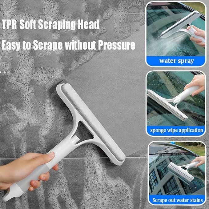3 in 1 Window Cleaning Scraper, 3 in 1 Window Cleaner Squeegee, Scraper for Cleaning Windows, All-Purpose Window Squeegee with Sprayer for Glass, Wall, Kitchen, Car (White)