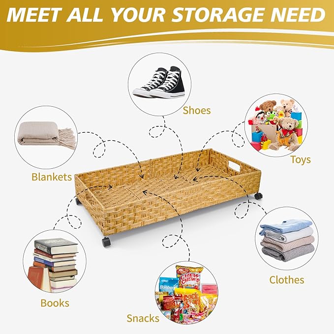Under Bed Storage Containers with Wheels, 31.5in / 35L Handmade Rattan Underbed Organizer Drawer, Tool-free Assembly Rolling Under Bed Storage Bins for Shoes Clothes Toy Book