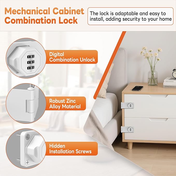 90 Degree 3-Digit Combination Cabinet Lock, Zinc Alloy Keyless Folding Hasp Lock Latch, Password Security Rotary Door Latch for Office File Cabinet, Drawer, Locker, Cupboard (1, White)