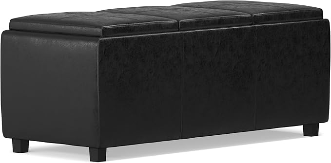 SIMPLIHOME Avalon 42 inch Wide Contemporary Rectangle Storage Ottoman in Distressed Black Vegan Faux Leather, Assembled, For the Living Room, Entryway and Family Room