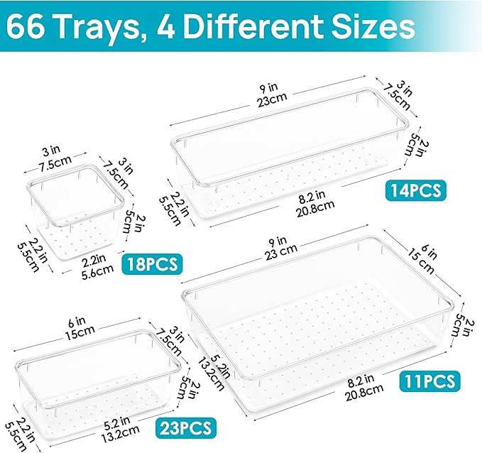 Vtopmart 66 PCS Clear Plastic Drawer Organizer Bins, 4-Size Versatile Bathroom and Vanity Organizer Trays, Acrylic Storage Containers for Makeup, Jewelry, Toiletry, Kitchen Utensils and Office Supply