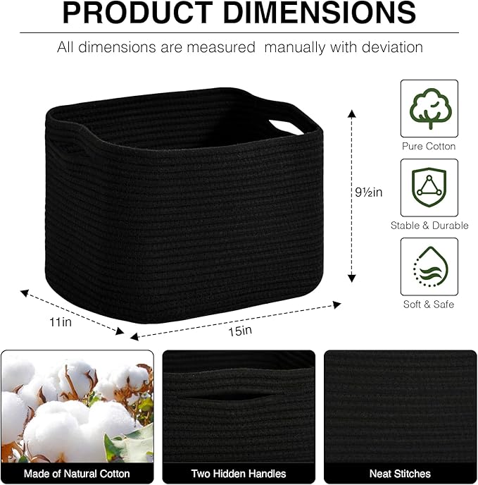 Woven Cotton Rope Storage Basket for Organizing, Cute Decorative Baskets for Gifts Empty, Organizer Bins for Dog Toy, Baby Laundry, 15“×11”×9.5“, Black