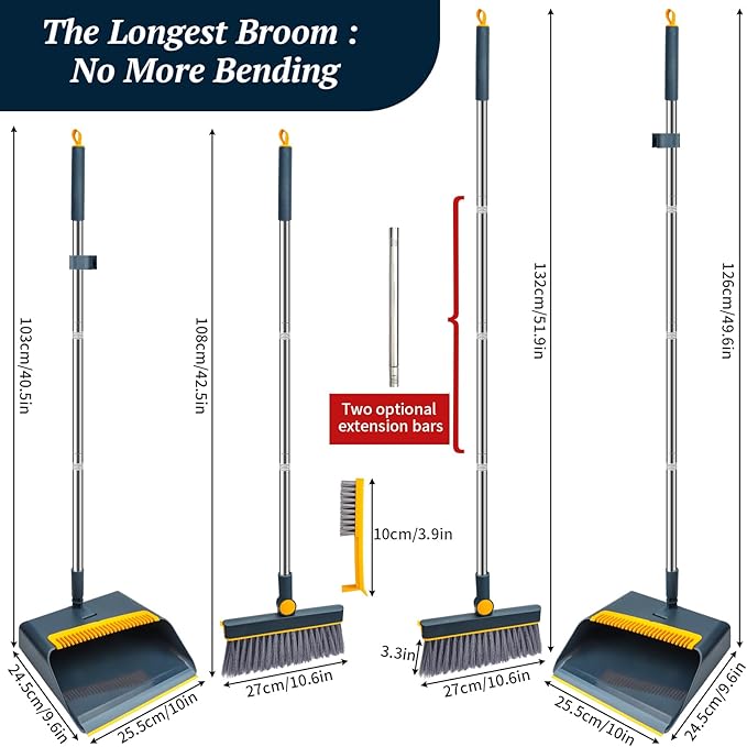 Long-Handled Broom and Dustpan Set, Windproof Broom Combination, 180-degree Rotating Brush Head with Upright Dustpan, Suitable for Indoor and Outdoor Cleaning. (Blue)