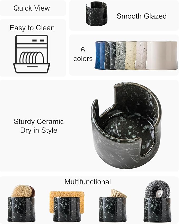 Sponge Holder for Kitchen, Ceramic Sink Caddy Scrub Sponge Rack Dish Rack Scrubbers Holder for Kitchen Sink, Bathroom, Black