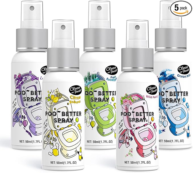 Clean-n-Fresh Toilet Spray 8.5 Fl Oz, Travel Size Variety 5 Pack - Citrus, Peony, Lavender, Eucalyptus, Ocean Mist, Instantly Eliminate Bathroom Odor, Air & Toilet Freshener, Each 1.7 Fl Oz