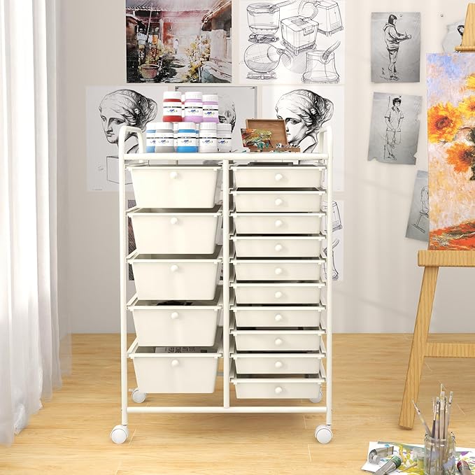 GOFLAME 15-Drawer Rolling Storage Cart, Multipurpose Movable Organizer Cart, Utility Cart for Home, Office, School, White