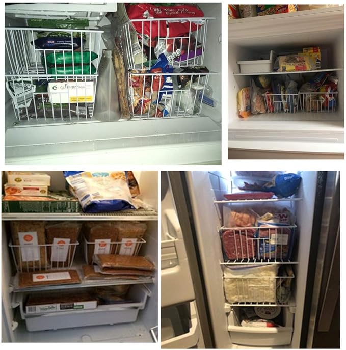 Upright Freezer Organizer Bins， Freezer Baskets for 14, 15 cu.ft Standup Freezer, Wire Storage Baskets with Built-in Handles for Frozen Foods, Snacks, Vegetables, Fruits and More, 6Pcs , White