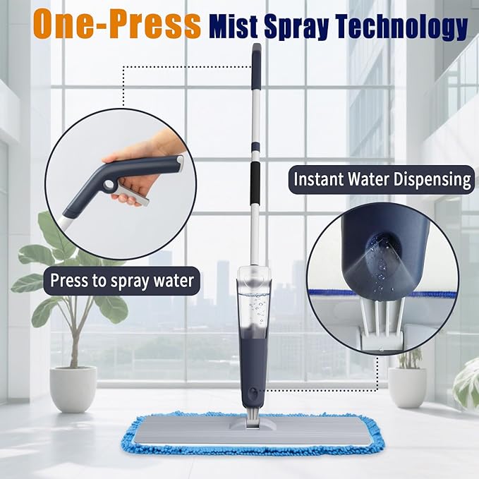 24" Microfiber mop for Floor Cleaning System, Commercial Heavy-Duty Wet Dry mops with Spray Mode, 28oz Tank, 2 Washable Pads, for Kitchen, Lobby, Pool, Factory, Office