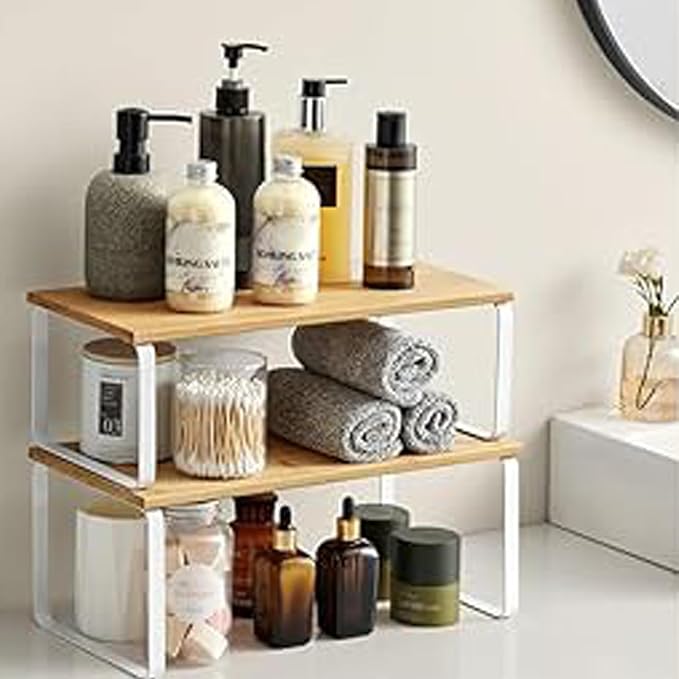 Cabinet Organizer Shelf, Kitchen Counter Storage, 2-Piece Set, Stackable Spice Rack, Metal and Wood (White and Natural Beige)