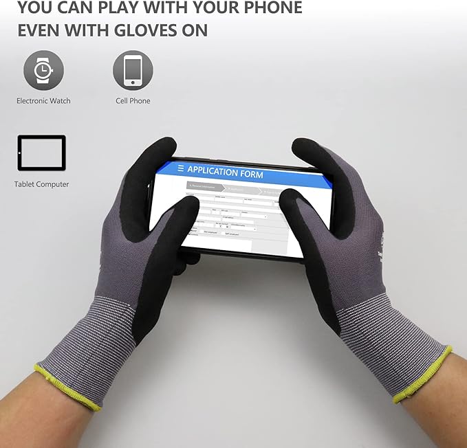 LOCCEF Work Gloves MicroFoam Nitrile Coated-6 Pairs,Seamless Knit Nylon Gloves,Gray Work gloves