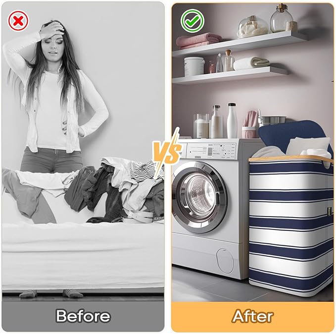 BALEINE Laundry Hamper with Lid, Tall Laundry Baskets with Bamboo Pull Handles, Large Laundry Bin with Internal Support (26 Gal/100L, Blue Stripe)