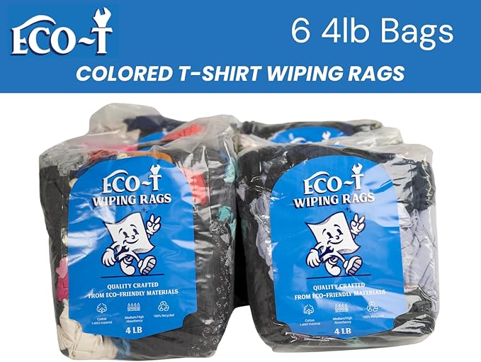 6 x 4 Lb Bags (24 Lbs) Eco-T Mechanic Shop Rags - Colored T-Shirt Material, 100% Recycled, Eco-Friendly, High Absorbency, Low Lint, Low-Cost, Industrial Use Wiping Cloth