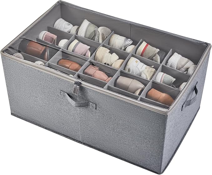 Shoe Storage Organizer for Closet, Shoe Box Organizer, Space Saving Foldable Shoe Rack, Shoe Storage Cabinet with Clear Cover and Reinforced Handles, Fits 20 Pairs, Grey