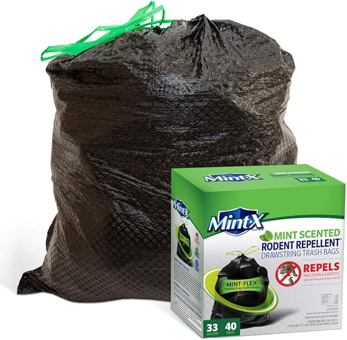 Mint-X Rodent Repellent Outdoor Home and Industrial Trash Bags with Drawstring & Mint-Flex Technology; 33 Gallon, 40 Count, Black