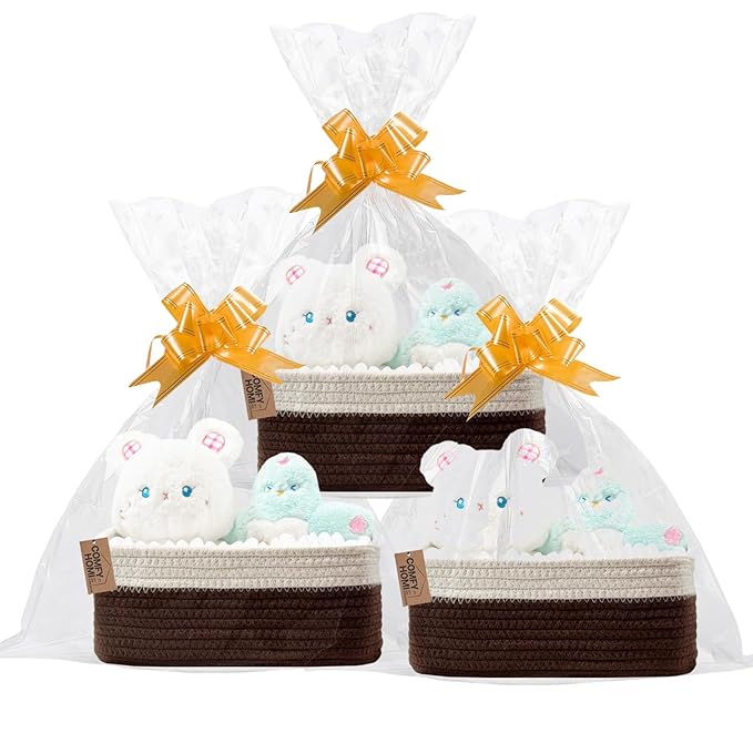 COMFY-HOMI 13" x 8.5" x 5.1"Storage Baskets for Organizing | Cotton Rope Woven Basket | Toy Storage Bin Box | Basket for Shelves, Closet Organizer Bin, Decorative Closet Shelf, 3 Pack,WHT/dark brown