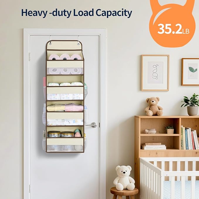 Yecaye Over The Door Organizer, Heavy Duty Hanging Organizers and Storage with 4 Large Capacity Pockets, Swing-Proof Behind The Door Storage for Bathroom Nursery Bedroom Dorm Closet, Beige