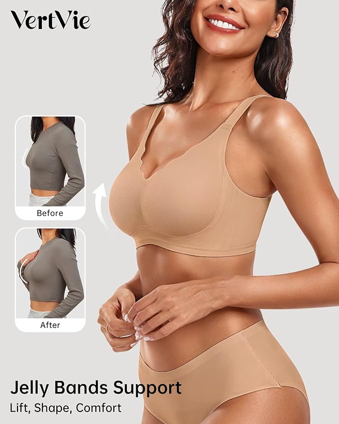 Vertvie Womens Seamless Bras No Underwire Supportive Wireless Push Up Full Coverage Bralette Comfort Scalloped T-Shirt Bra