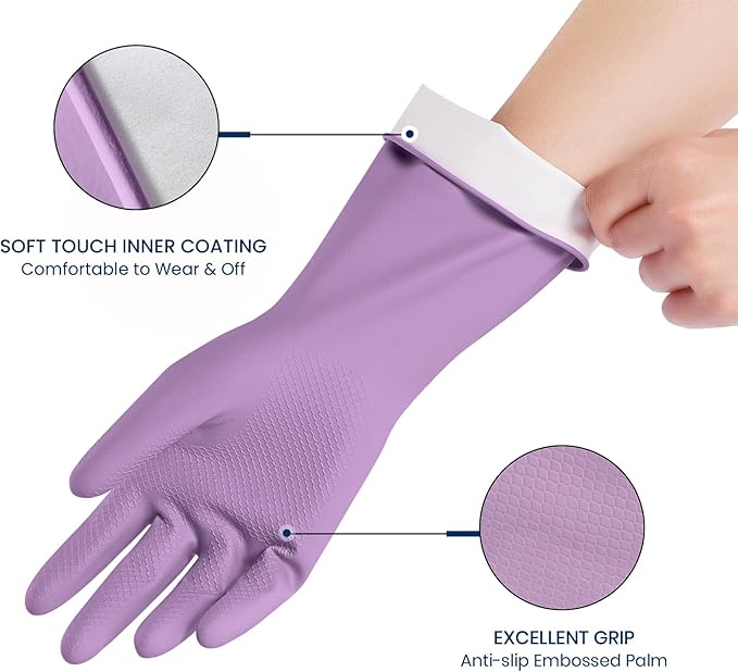 Rubber Cleaning Gloves for Dishwashing, 4 Pairs Reusable Kitchen Gloves for Washing Dishes and Household Cleaning, Colorful Dish Gloves with Flocked Lining and Non-Slip Grip, Pefect for Woman Men - S