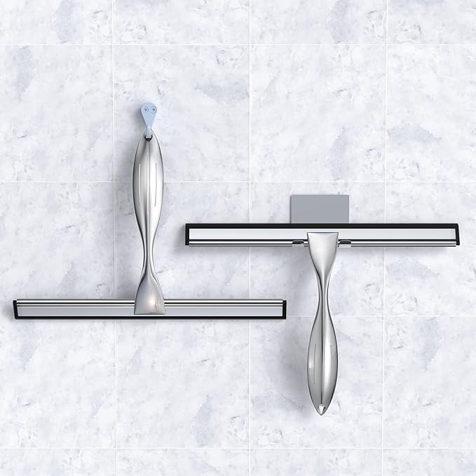 Shower Squeegee for Glass Door 12-Inch Stainless Steel Bathroom Squeegee Window Wiper, Includes Shower Door Hook, Adhesive Hook, and Spare Silicone Blade for Window Mirror Car All-Purpose Squeegee
