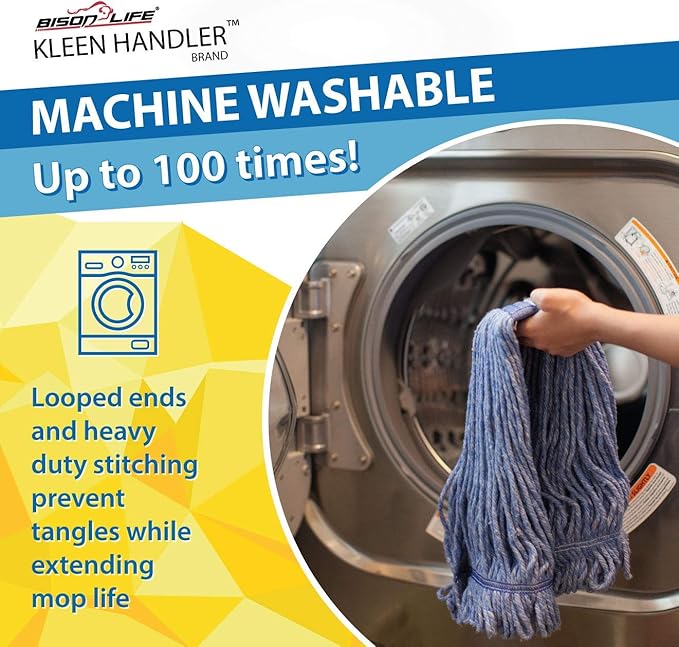 KLEEN HANDLER HEAVY DUTY Commercial Mop Head Replacement, Wet Industrial Blue Cotton Looped End String Cleaning Mop Head Refill (Pack of 6)