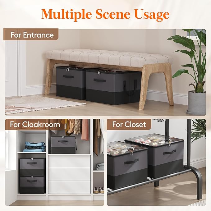 Lifewit Shoe Storage Organizer for Closet Fits 12-16 Pairs, Fabric Large Shoe Box Storage Containers with Clear Cover, Foldable Bins Fit for Boots Sneakers 17"(L) x 17"(W) x 12.5"(H) Gray and Black