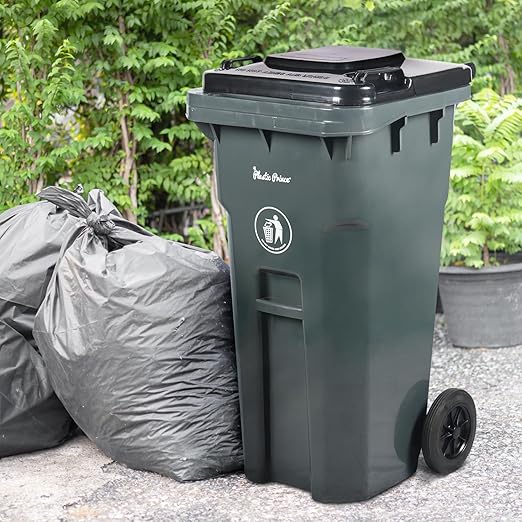 32 Gallon Trash Can with Wheels Outdoor Recycling Bin with Lid and Wheels Heavy Duty Rolling Garbage Can Commercial Wheeled Garbage Can for Home Garage Office, Set of Blue and Gray