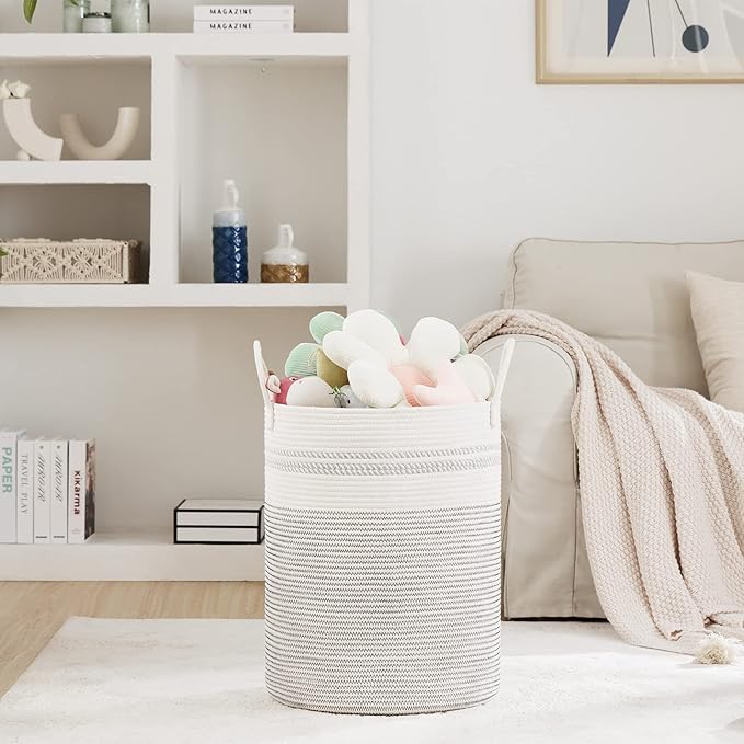 Fiona's magic 58L Woven Rope Laundry Hamper, Tall Boho Laundry Basket Storage, Large Baby Nursery Hamper for Blankets, Toys and Clothes Hamper for Bedroom and Living Room Organizing, Jute, White