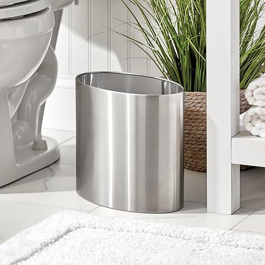 mDesign Stainless Steel Metal Oval Trash Can, 7.9 Liter/2.09 Gallon Wastebasket, Garbage Basket Bin for Bathroom, Bedroom, Kitchen, Office, Holds Waste and Recycle, Mirri Collection, Brushed/Chrome