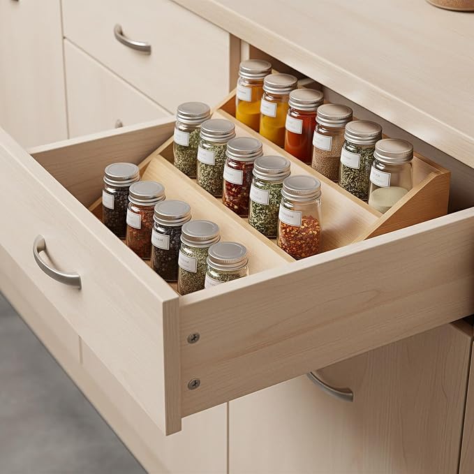Bamboo Spice Rack Organizer for Kitchen Counter, 3 Tier Foldable Spice Shelf for Cabinet or Drawer (Jars Not Included)