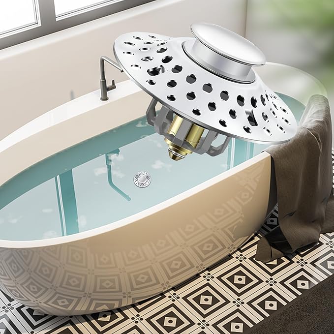 Tub Stopper Bathtub Drain Hair Catcher, 2 in 1 Bathtub Drain Stopper, Bathtub Stopper with Dual Filtration Design, Pop Up Bathtub Drain Plug for 1.4-1.9" Drain Hole