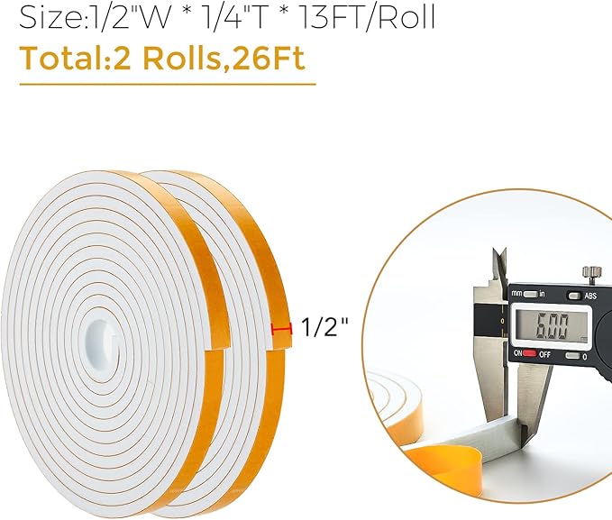 26 Feet Weather Stripping Door Seal, 1/2" Wide X 1/4" Thick Door Seal Strip High Density Foam Tape Adhesive Strip for Door Soundproofing,Window Insulation (1/2" x 1/4" x 26FT,White)