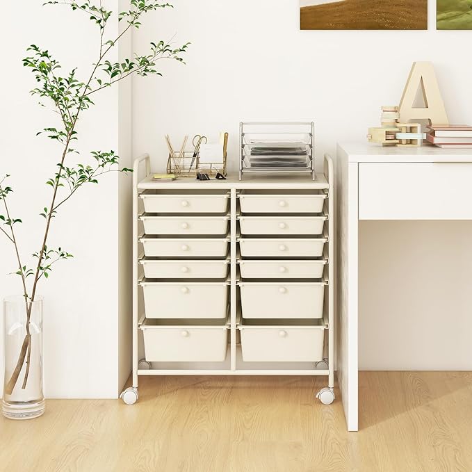 GOFLAME 12-Drawer Rolling Storage Cart, Multipurpose Organizer Cart with 2 Sizes Plastic Drawers, Mobile Utility Cart with Lockable Casters for School, Home Office, Beauty Salon, White