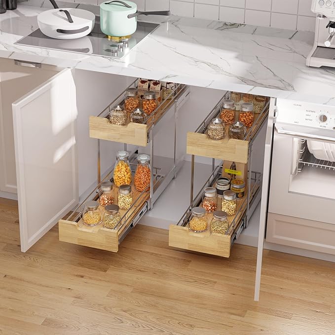 Pull Out Cabinet Organizer,Heavy-Duty Slide Out Shelf, Wood and Wire Basket, Pull Out Drawer for for Kitchen Under Sink Space, Pantry, Bathroom, 2 Tie 9 * 21 in