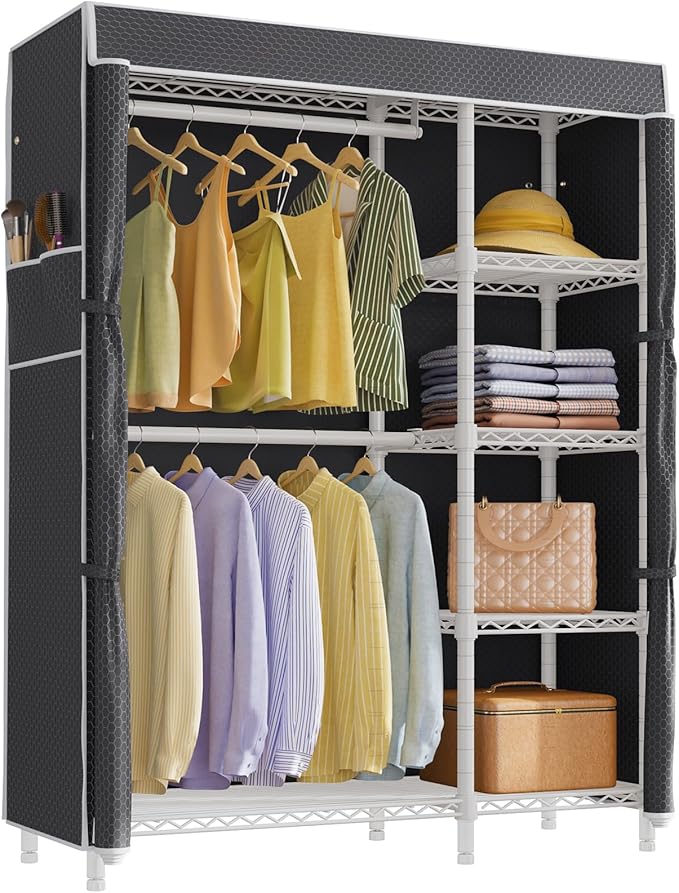 VIPEK V7C Garment Racks with Cover Portable Closets for Hanging Clothes, Heavy Duty Clothes Rack with Shelves Metal Closet Wardrobe, Max 670lbs, White Rack with Black Upgraded Polyester Cover