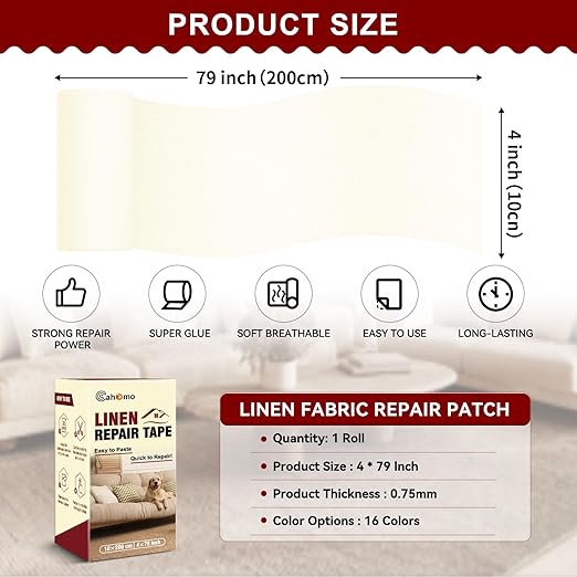 Linen Repair Tape 4x79 inch, Self Adhesive Fabric Patches, Linen Patch Tape Kit, Fabric Repair Tape for Couch Sofas, Headboards, Chairs, Pillows, Curtains, Couches - Beige White
