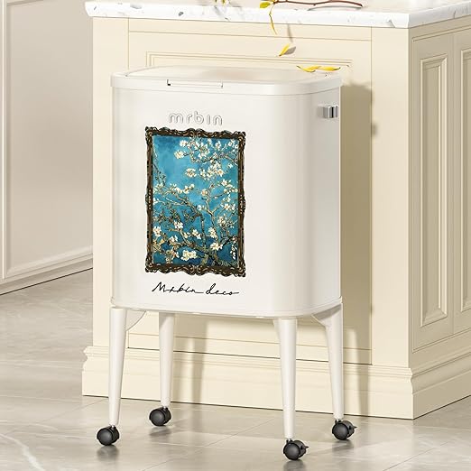 MRBIN Metal Kitchen Trash Can with Wheel Legs, 36L / 9.5gal Medium Press Lid Slim Removable Waste Basket, Pet Proof Tall Narrow Garbage Pail for Vanity, Bedroom, Bathroom, Living Room, Almond Blossom