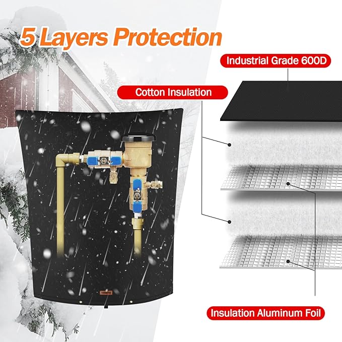 Backflow Preventer Pipe Insulation Cover (5°F) - Irrigation Sprinkler Valve Insulated Pouch - Water Well Pump Cover - Sturdy 5 Layers for Winter Freeze Protection, 24" W x 36" H, Black