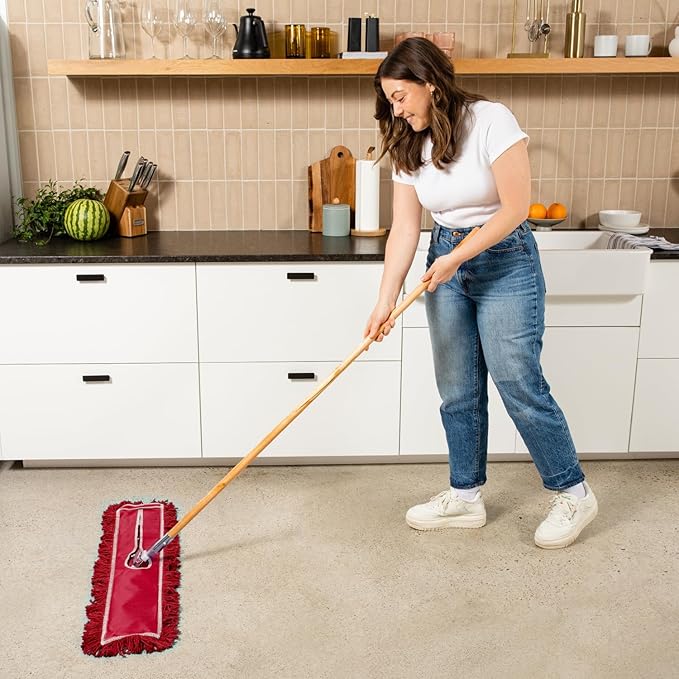 36 Inch Red Commercial Dust Mop & Floor Sweeper – Wood Handle Floor Mop for Tile, Hardwood & Concrete